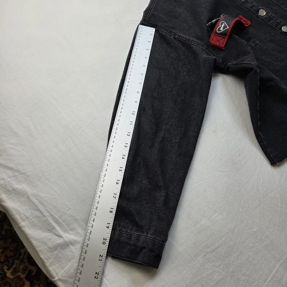 Custom Distressed Black Denim Jacket Black‎ Dog Graphic Grunge Streetwear Size L
